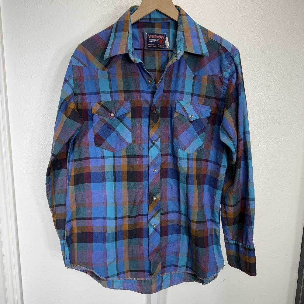 Vintage Wrangler Pro Rodeo X Long Tails Plaid Pearl Snap Shirt 16 1/2‎ X 34